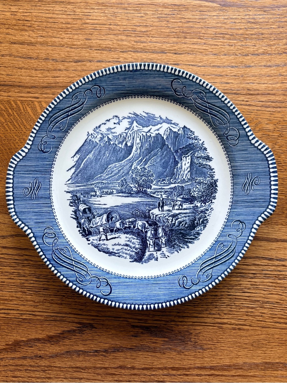 Vintage Currier & Ives The Rocky Mountains Blue and white 11.5 inch cake plate